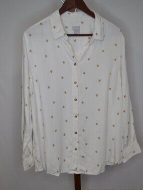 Chico's Women's Size 3 (US XL) White Bee Print Modal Collared Button Down